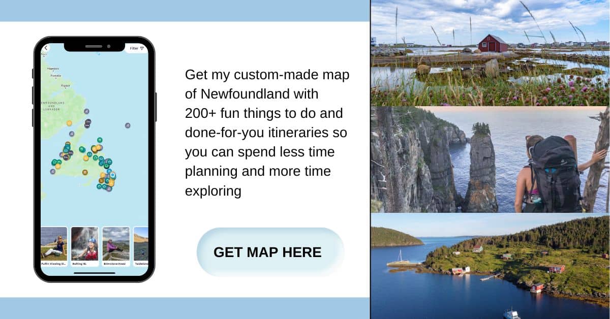 Promotional image for a custom map of Newfoundland highlighting 200+ activities and itineraries, featuring a phone screen with the map and scenic photographs. Text reads: 